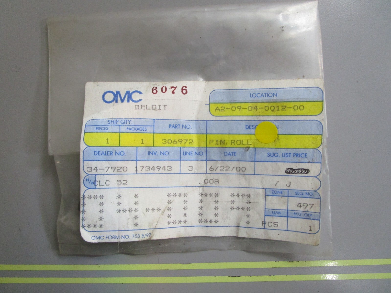 *NEW OEM* 0810 OMC Johnson Evinrude Roll Pin 306972 0306972