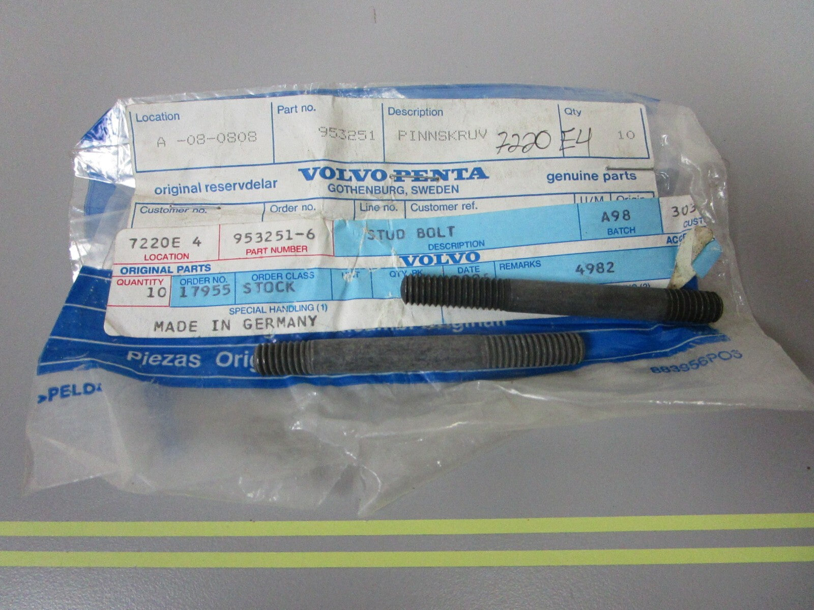 *NEW OEM* (LOT OF 2) 0810 Volvo Penta Stud Bolt 953251