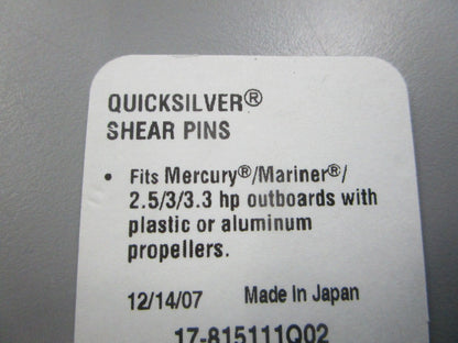 NEW OEM 17-815111Q02 Mercury Quicksilver 3 Shear Pin Kit 0810