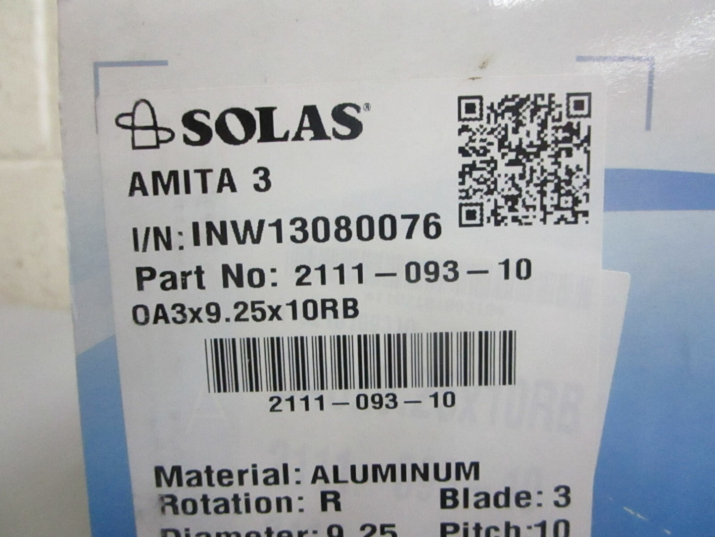 *NEW* 0820 Solas Amita 3 (9.9-15HP) OA3×9.25×10RB Propeller 2111-093-10