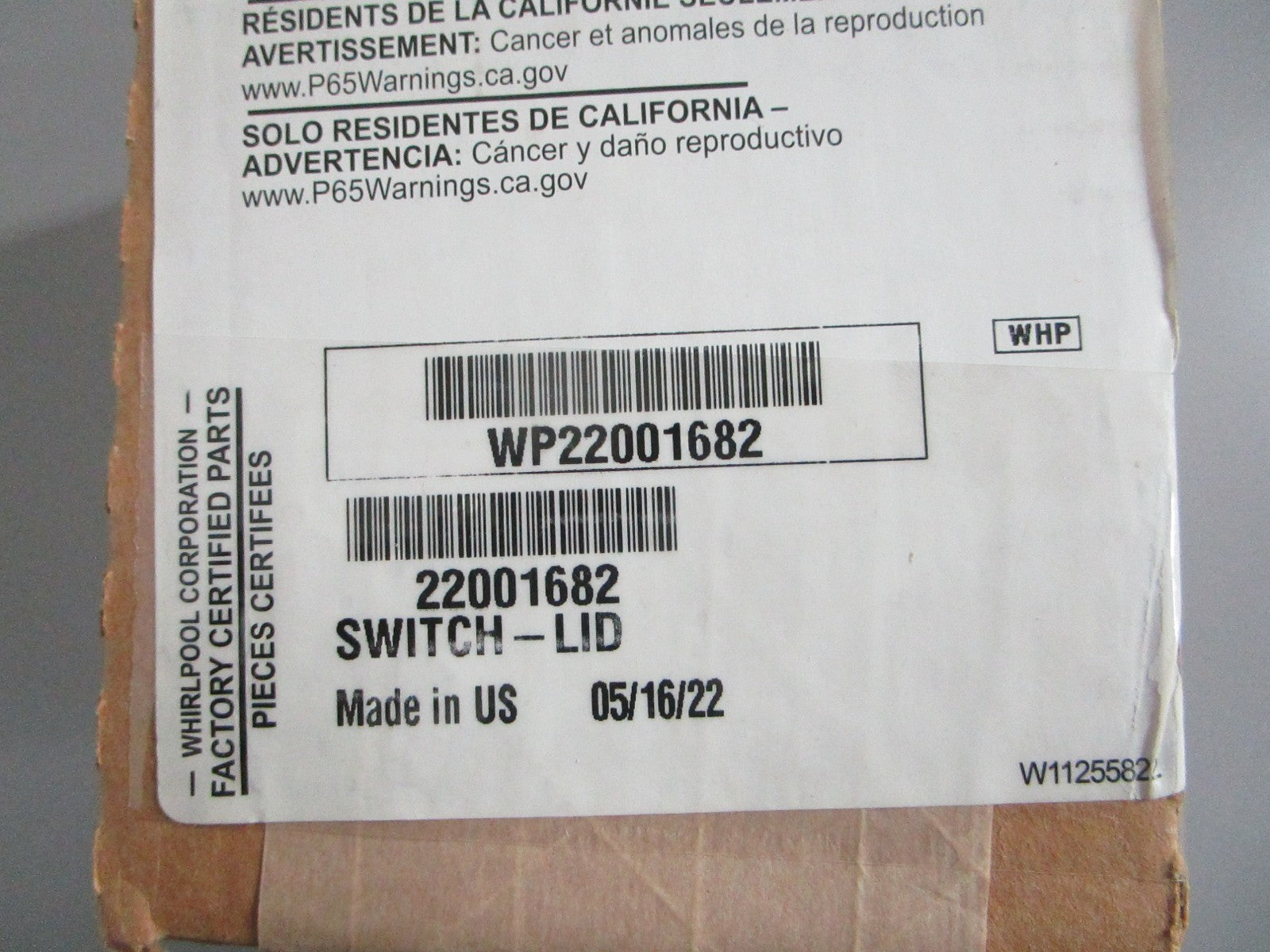 NEW OEM WP22001682 Whirlpool Dishwasher Kid Switch 0820