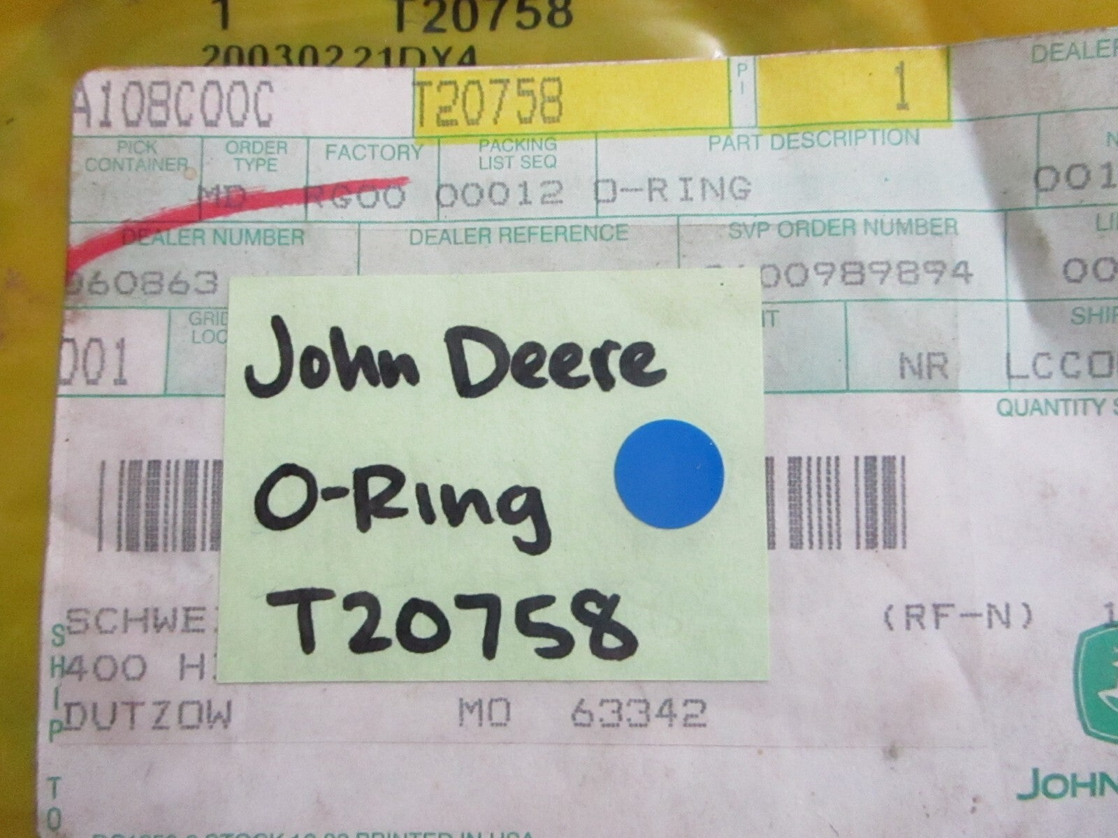 *NEW OEM* 0810 John Deere O-Ring T20758