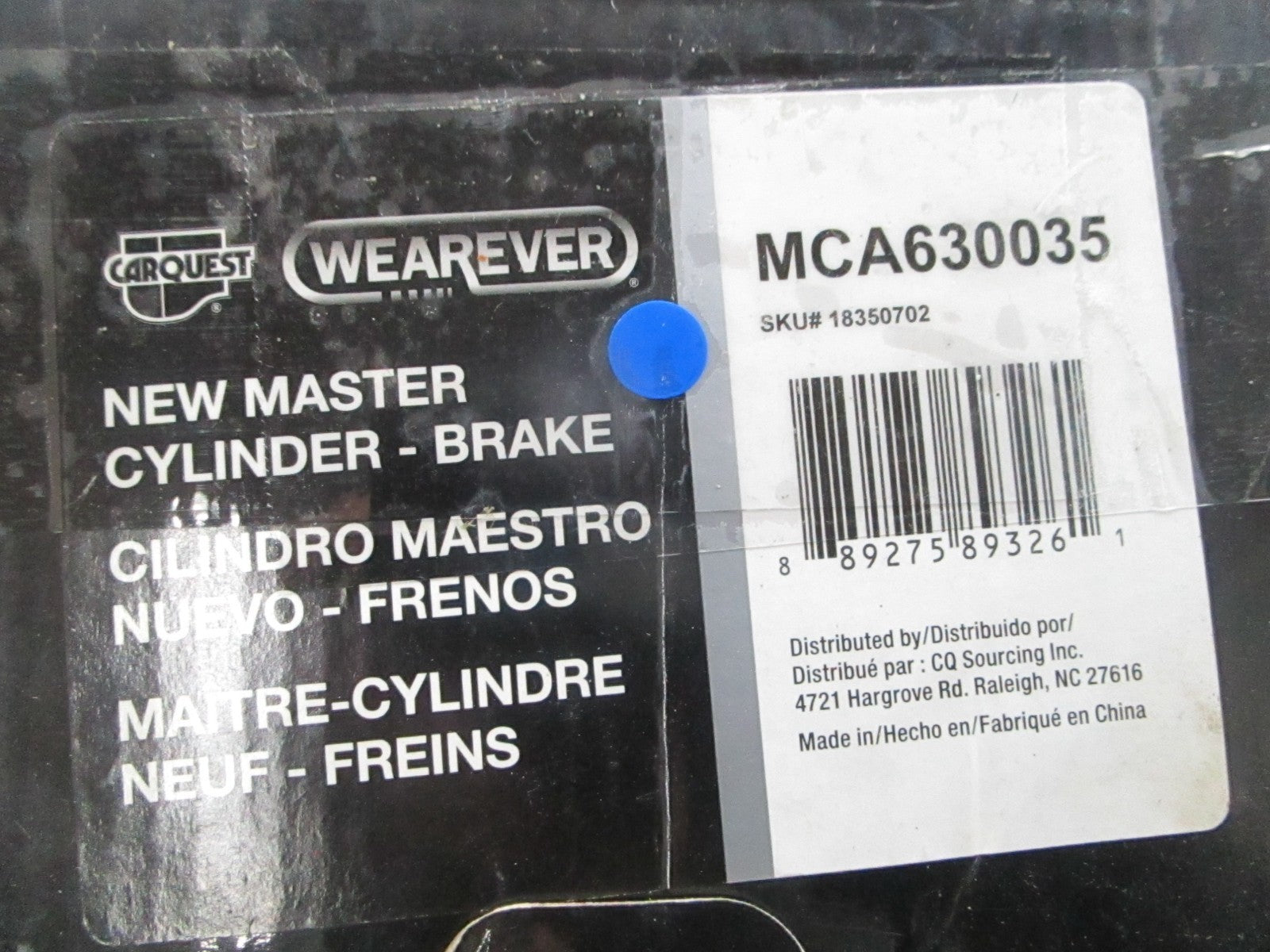 NEW Carquest Wearever MCA630035 New Master Brake Cylinder 0720
