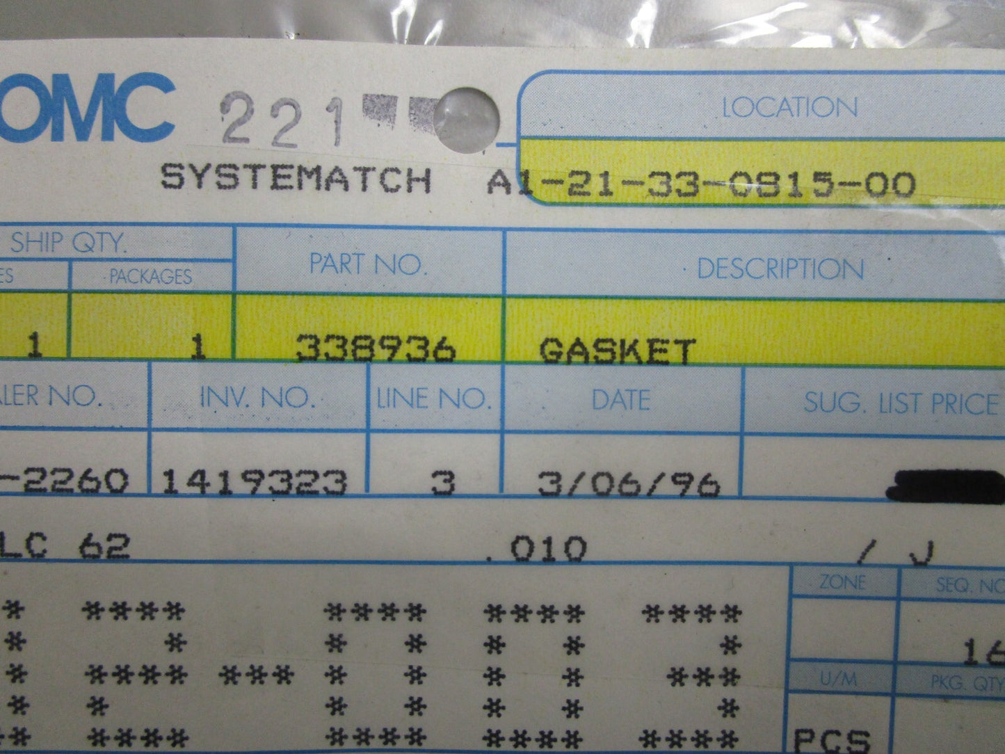 *NEW OEM* 0810 OMC Johnson Evinrude Gasket 338936 0338936