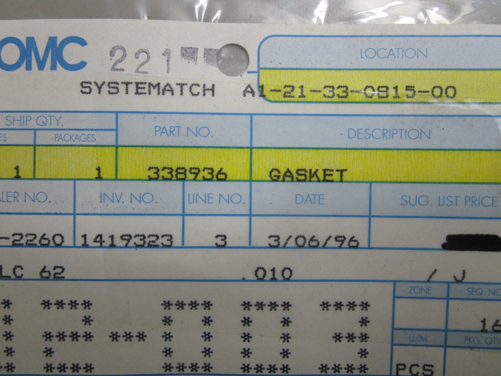 *NEW OEM* 0810 OMC Johnson Evinrude Gasket 338936 0338936