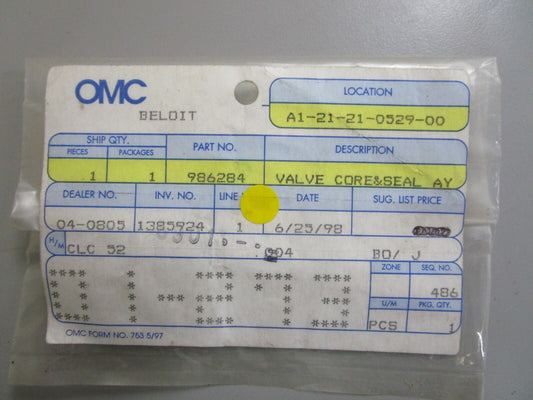 *NEW OEM* 0810 OMC Johnson Evinrude Valve Core & Seal Assembly 986284 0986284