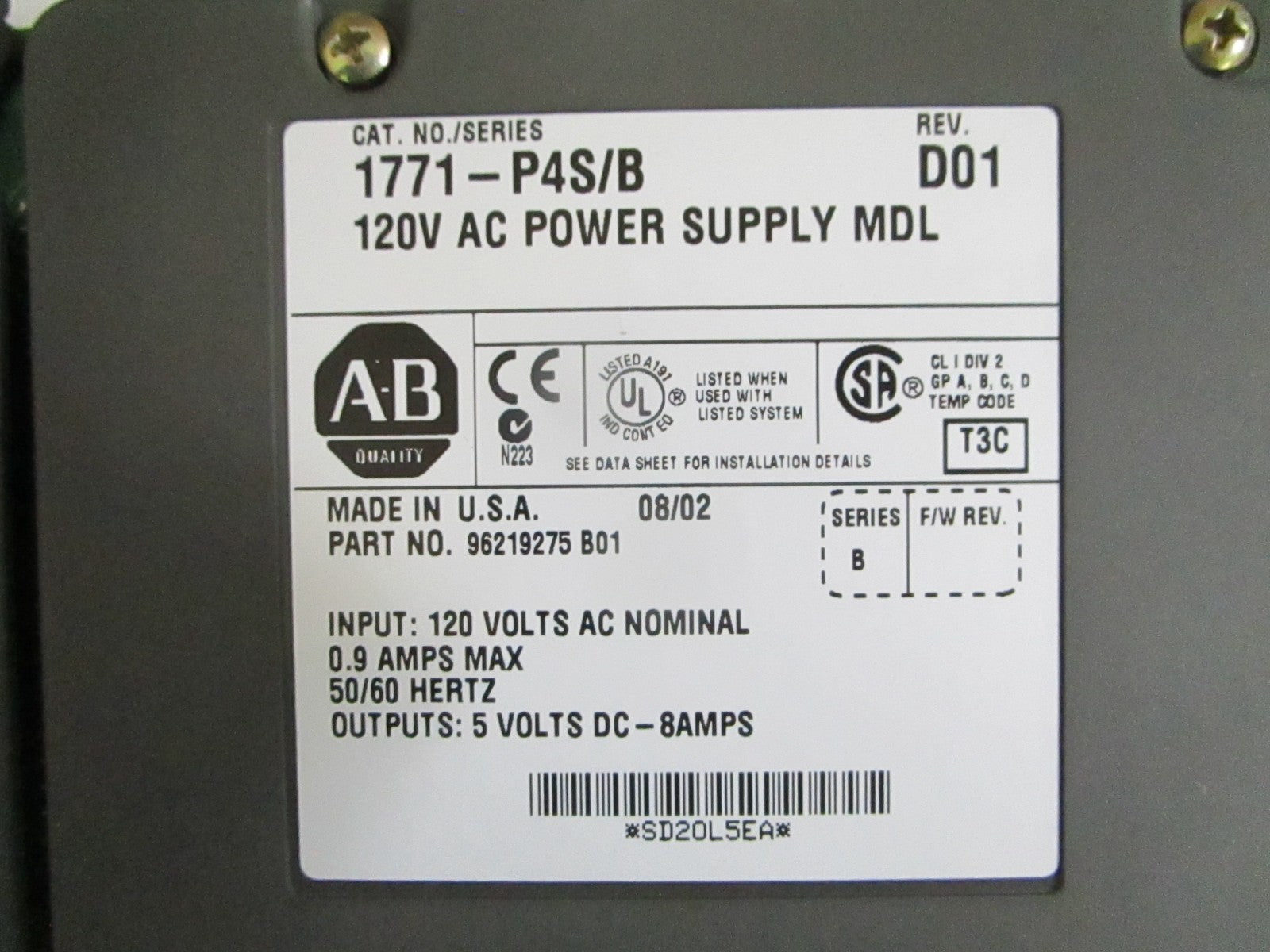 Allen-Bradley 1771-P4S PLC-5 Power Supply 120VAC 8A 5VDC Ser B NEW OEM 0820