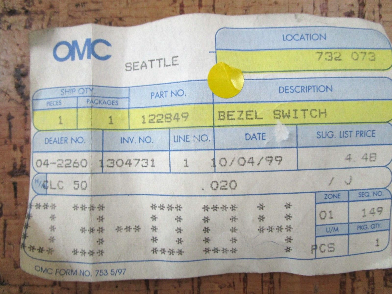 *NEW OEM* 0750 OMC Johnson Evinrude BEZEL SWITCH 122849 0122849