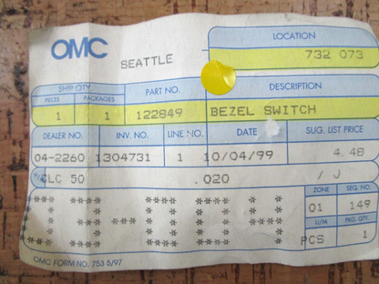 *NEW OEM* 0750 OMC Johnson Evinrude BEZEL SWITCH 122849 0122849