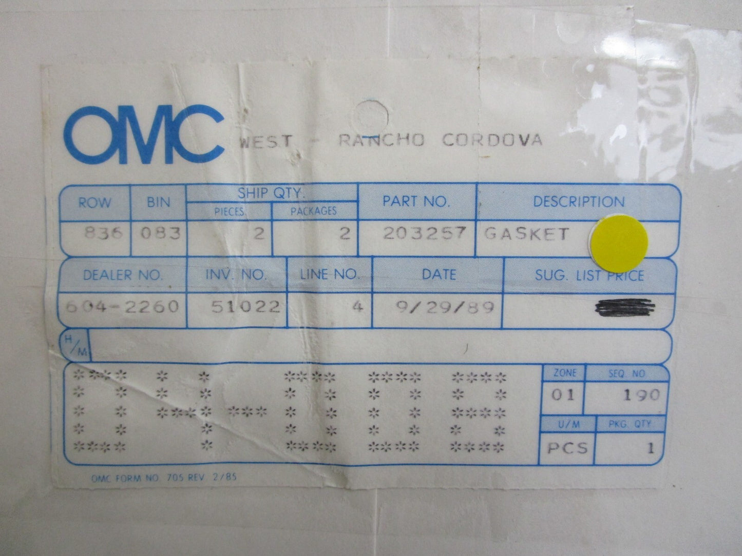 *NEW OEM* 0810 OMC Johnson Evinrude Gasket 203257 0203257