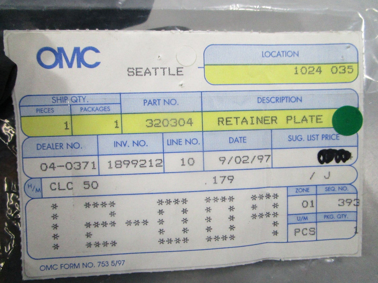 NEW OEM 320304 0320304 OMC Johnson Evinrude Retainer Plate 0810