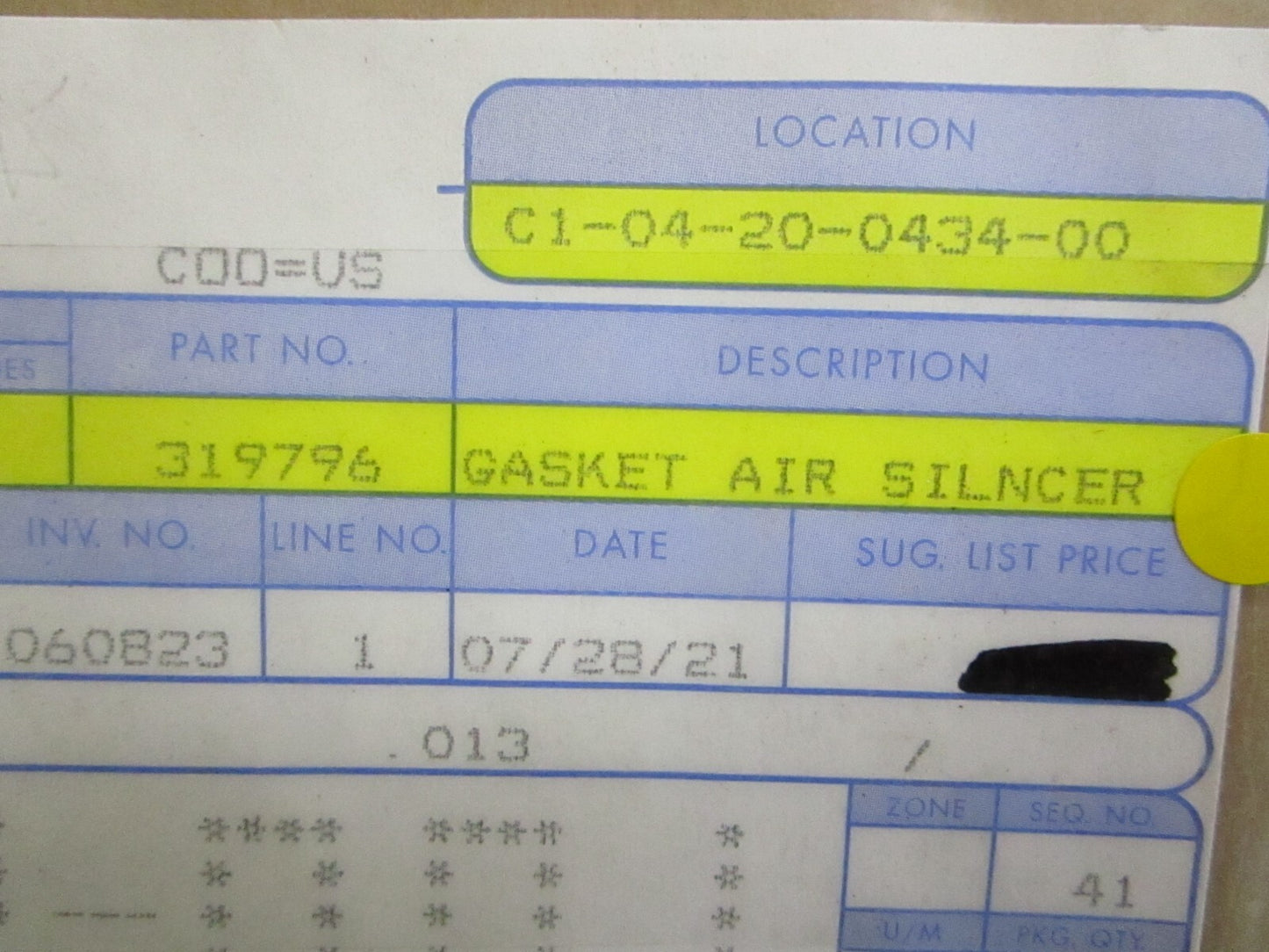 *NEW OEM* 0820 OMC Johnson Evinrude Air Silencer Gasket 319796 0319796