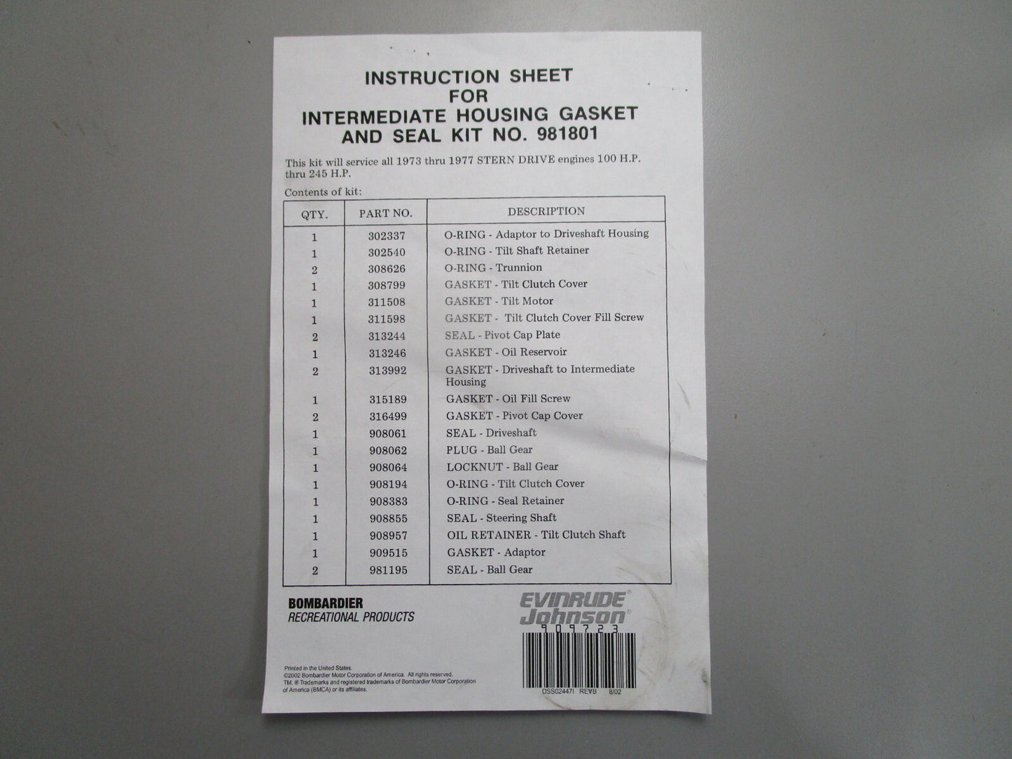 *NEW OEM* 0820 OMC Johnson Evinrude Gasket & Seal Kit 981801 0981801