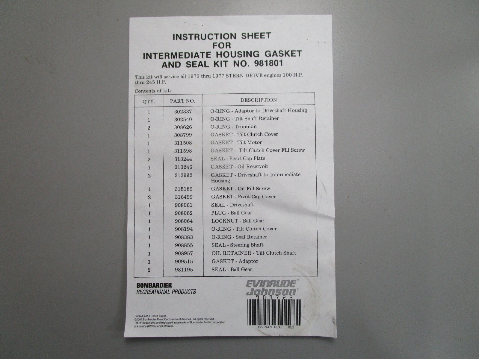 *NEW OEM* 0820 OMC Johnson Evinrude Gasket & Seal Kit 981801 0981801