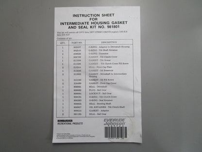 *NEW OEM* 0820 OMC Johnson Evinrude Gasket & Seal Kit 981801 0981801