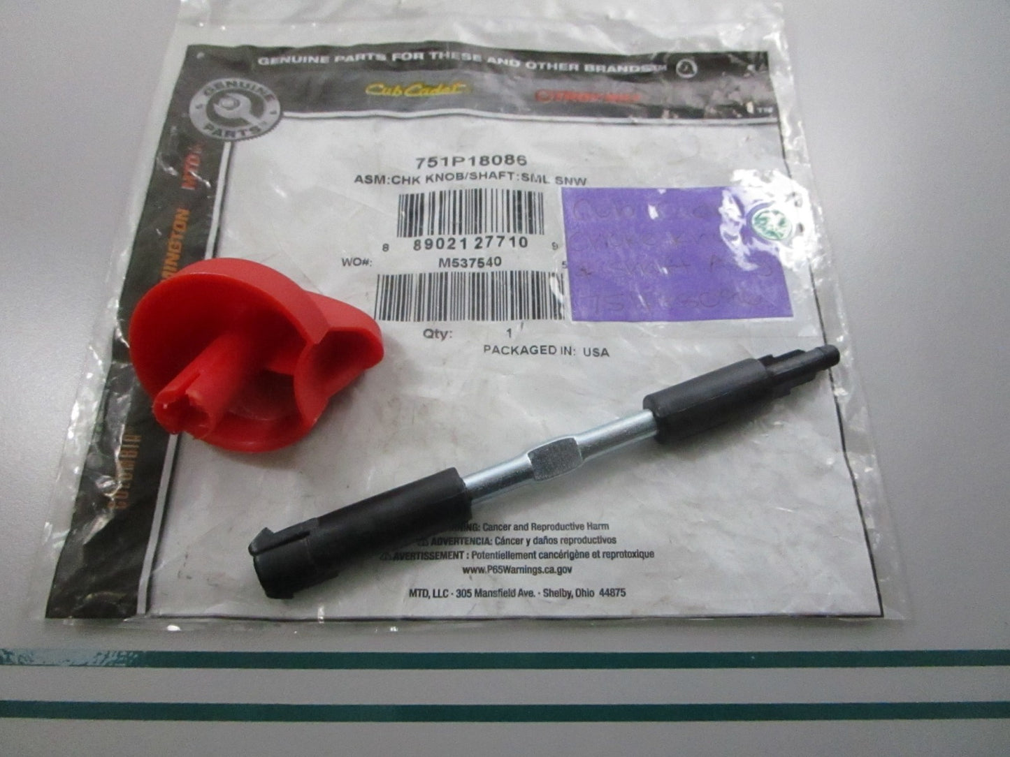 NEW OEM 751P18086 Cub Cadet Choke Knob & Shaft Assembly 0810