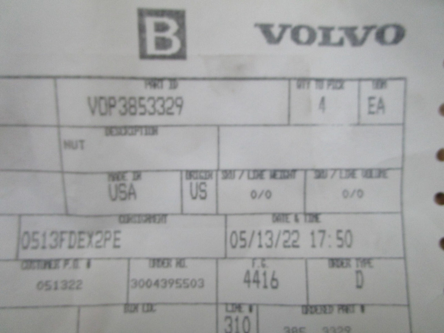 *NEW OEM* 0750 Volvo Penta NUT 3853329