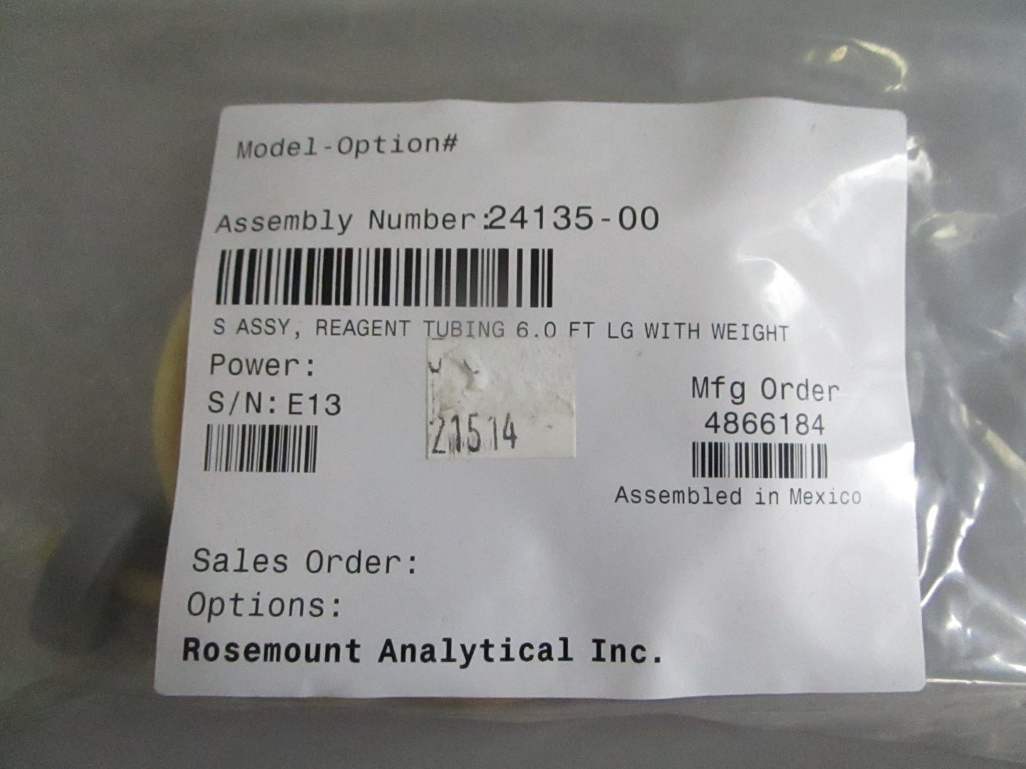 Rosemount 24135-00 TCL Reagent Uptake Tubing 6 ft w/ Weight NEW OEM 0820
