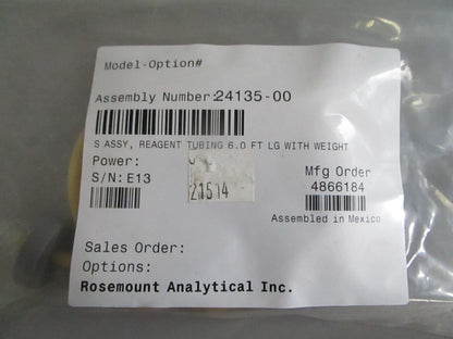 Rosemount 24135-00 TCL Reagent Uptake Tubing 6 ft w/ Weight NEW OEM 0820