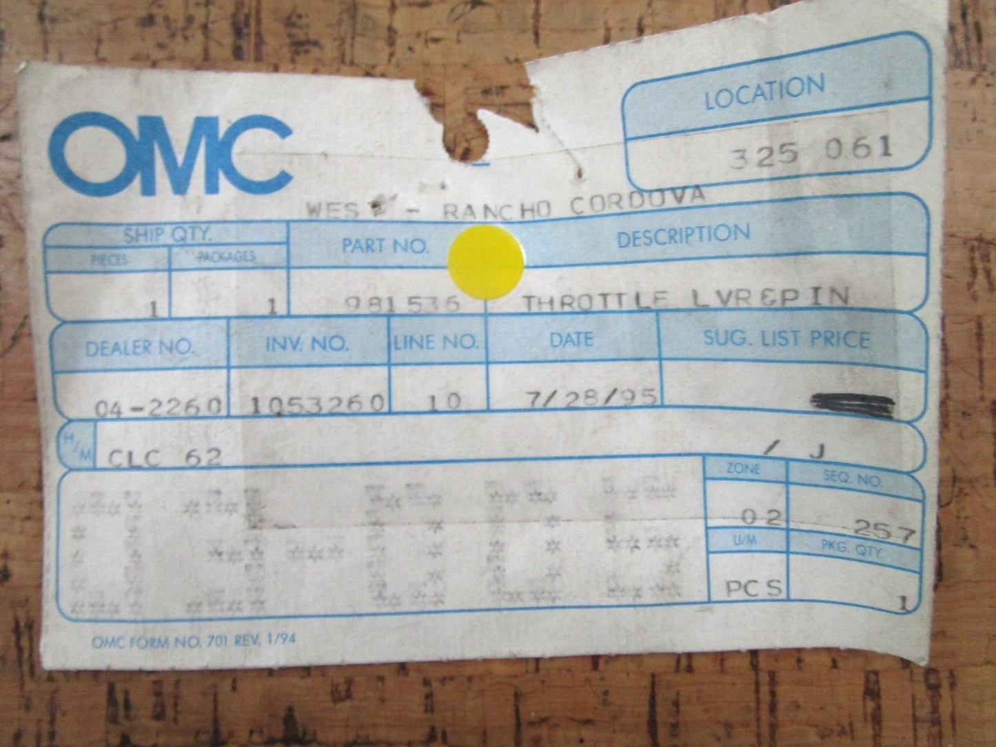 *NEW OEM* 0750 OMC Johnson Evinrude THROTTLE, LVR & PIN 981536 0981536