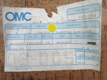 *NEW OEM* 0750 OMC Johnson Evinrude THROTTLE, LVR & PIN 981536 0981536