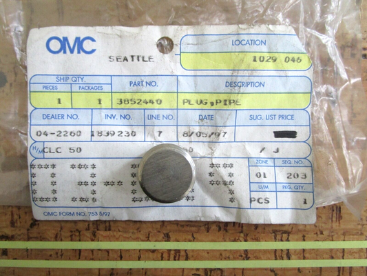 *NEW OEM* 0810 OMC Johnson Evinrude Pipe Plug 3852440