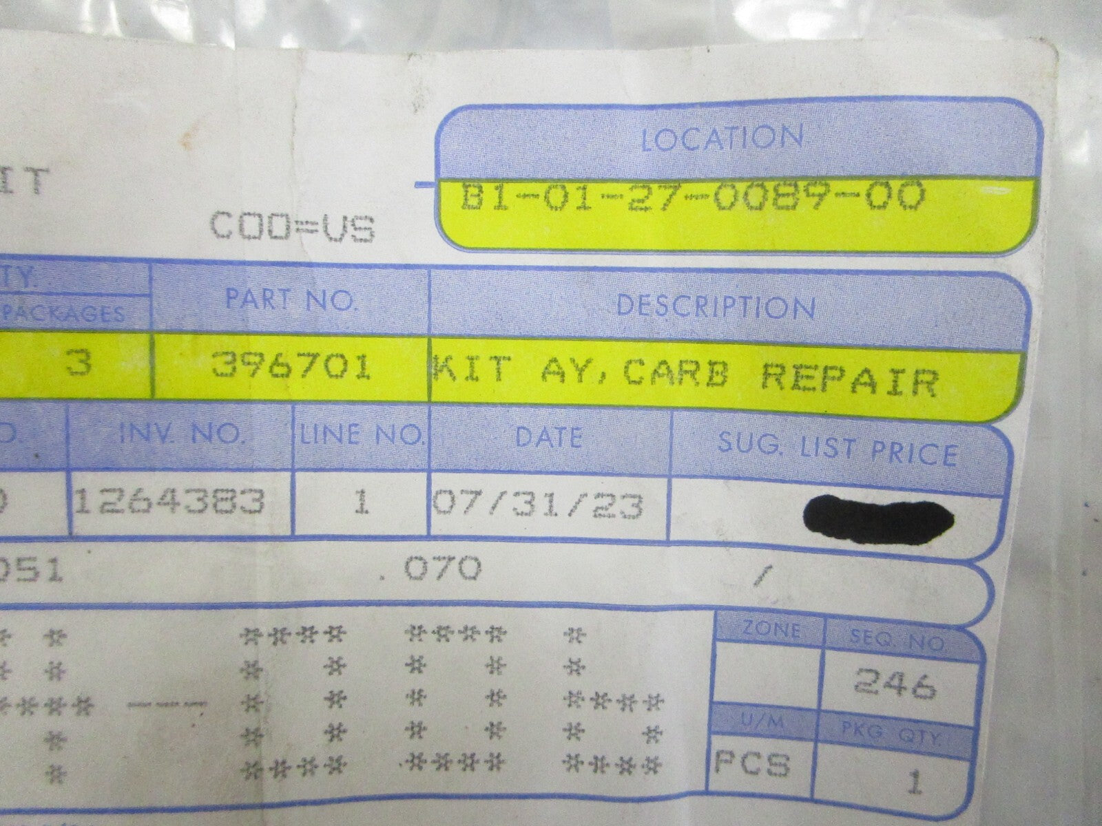 *NEW OEM* 0820 OMC Johnson Evinrude Carburetor Repair Kit 396701 0396701