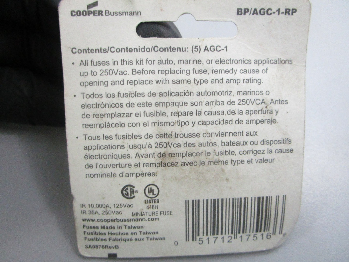 NEW (LOT OF 10) BP/AGC-1-RP Bussmann 1/4" x 1 1/4" 1A Fuse 0810