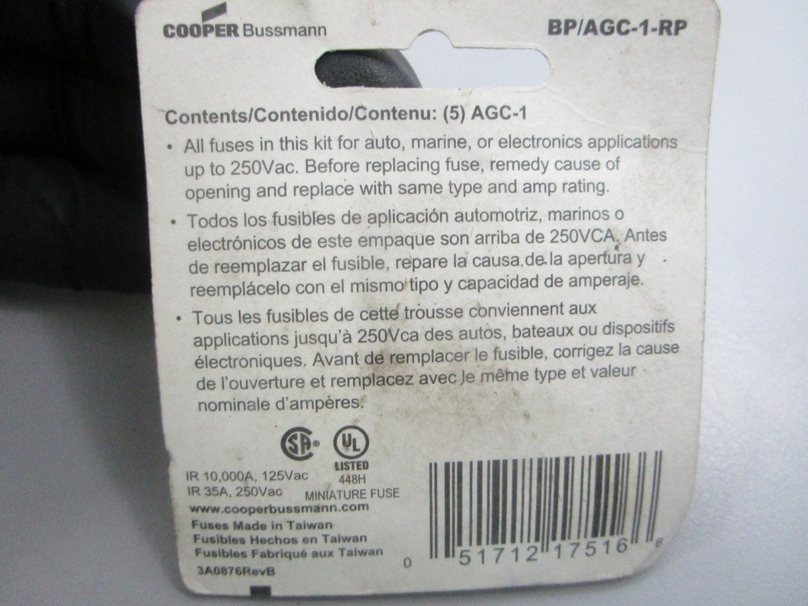 NEW (LOT OF 10) BP/AGC-1-RP Bussmann 1/4" x 1 1/4" 1A Fuse 0810
