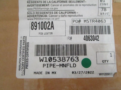 Whirlpool W10538763 Refrigerator Pipe Manifold NEW OEM Factory Certified 0820