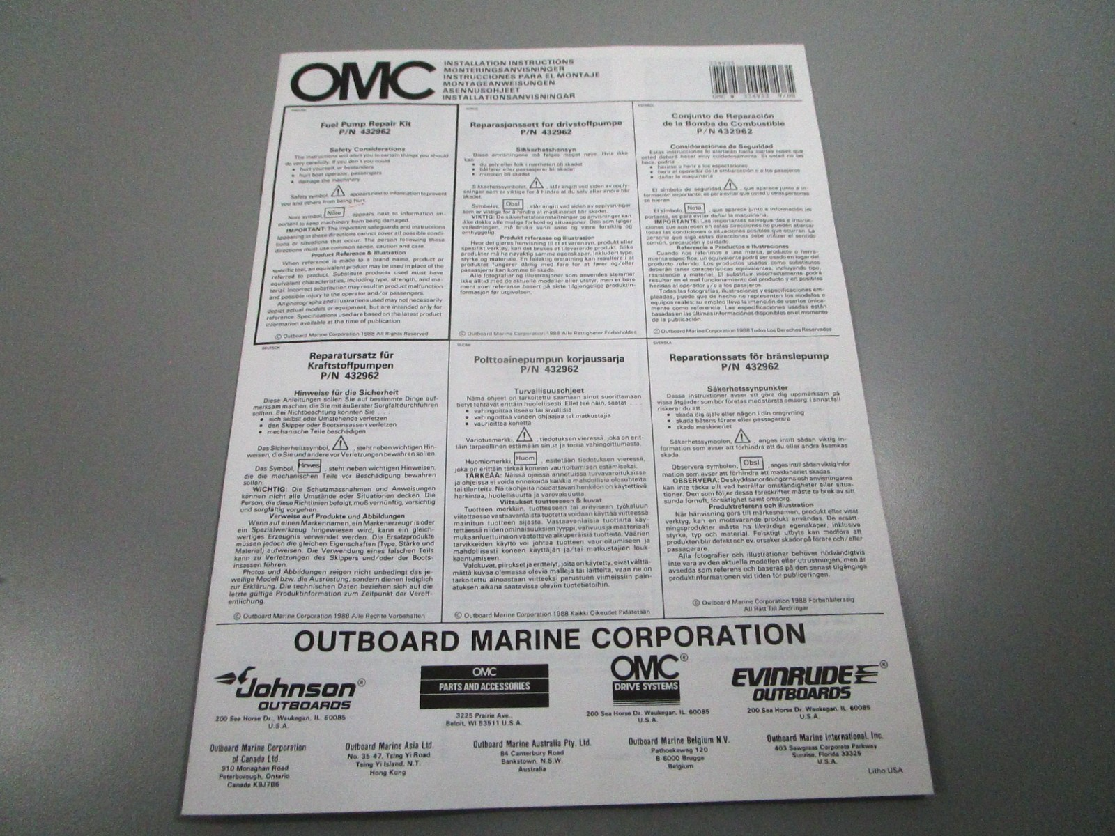 NEW OEM 432962 0432962 OMC Johnson Evinrude Fuel Pump Repair Kit 0810