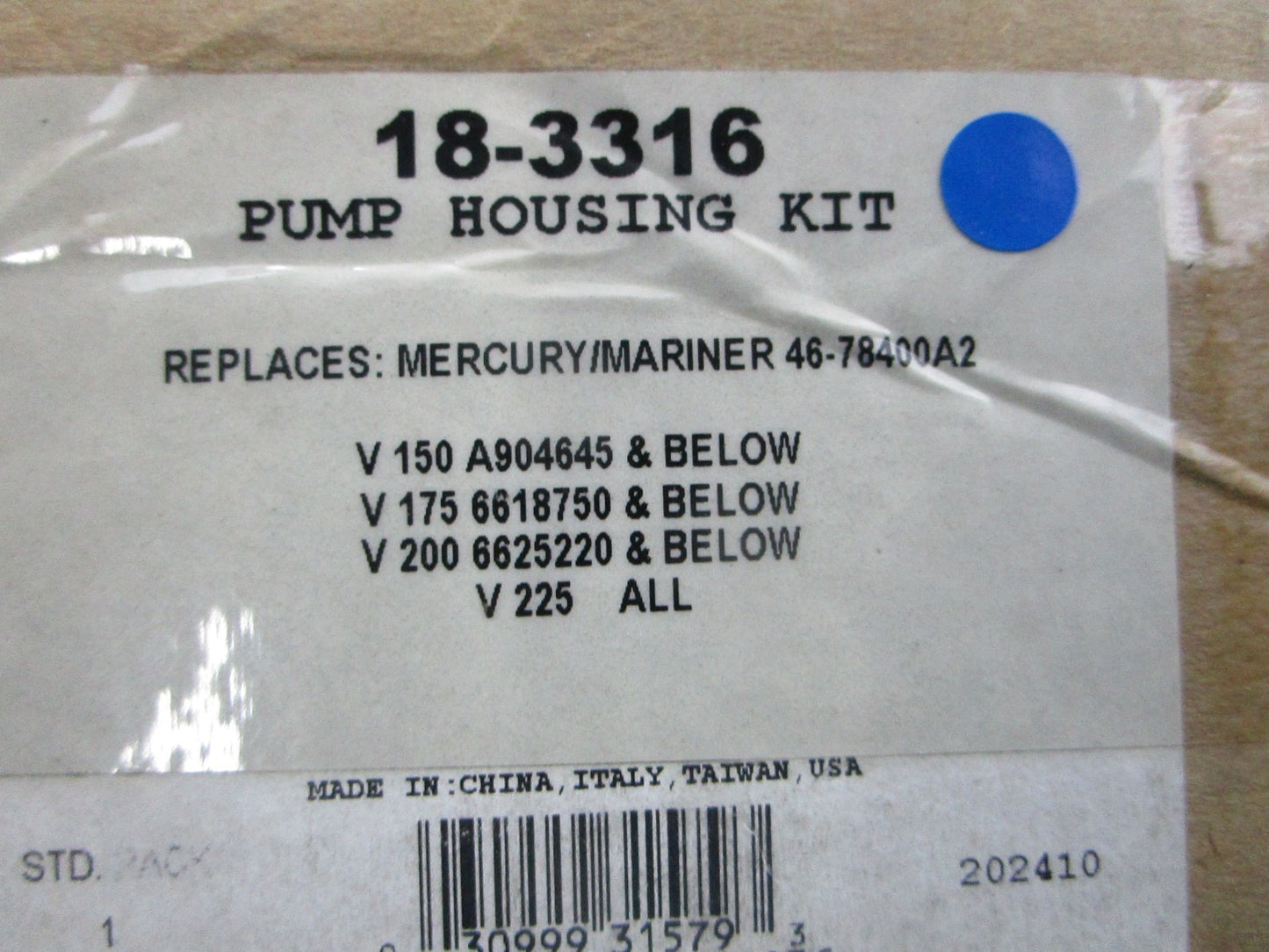NEW 18-3316 Replaces: Mercury 46-78400A2 Sierra Pump Housing Kit 0810