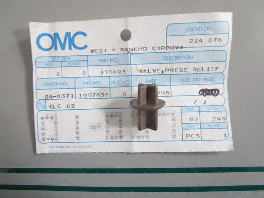 NEW OEM 335493 0335493 OMC Johnson Evinrude Press Relief Valve 0820