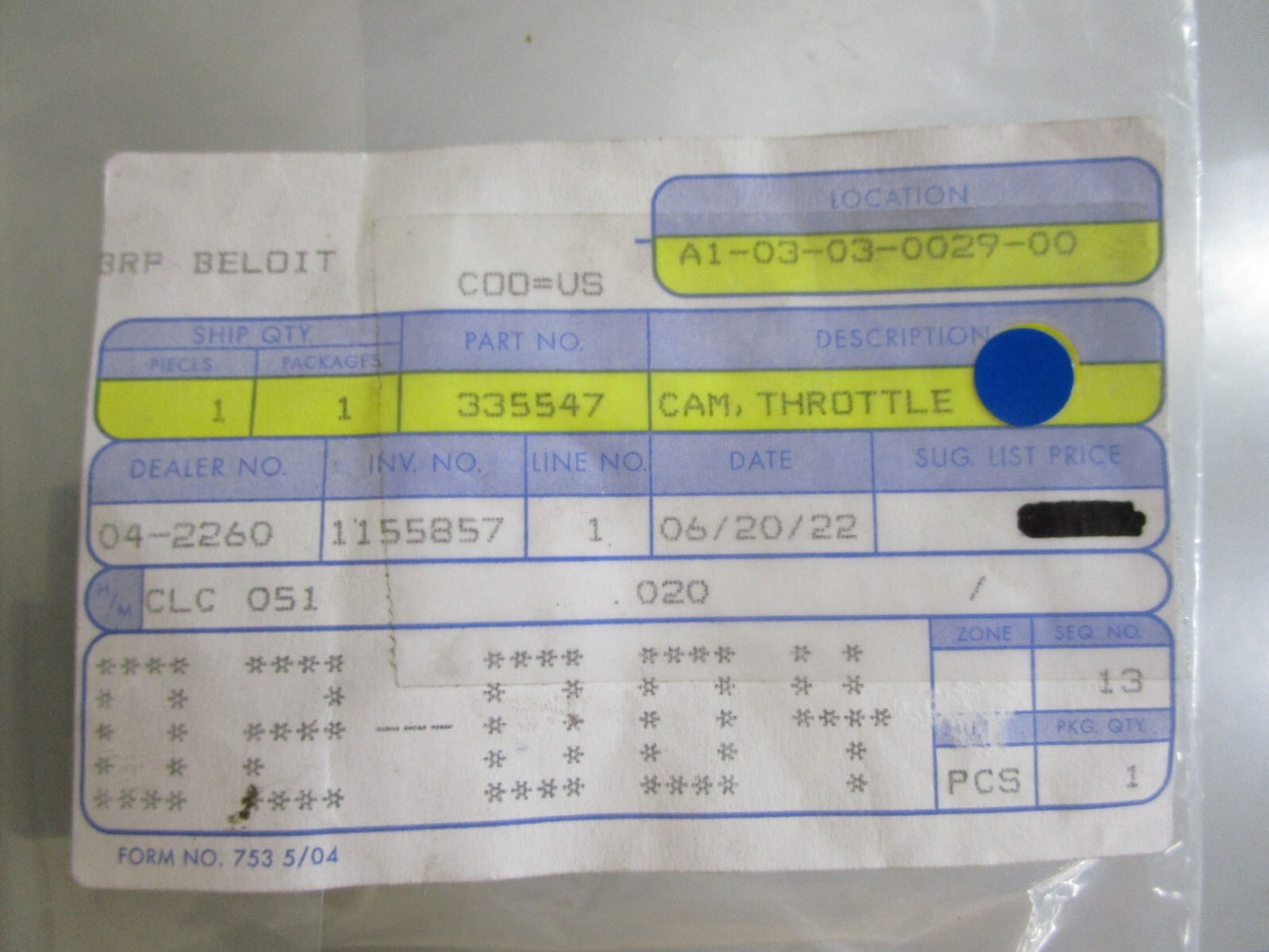 *NEW OEM* 0810 OMC Johnson Evinrude Throttle Cam 335547 0335547