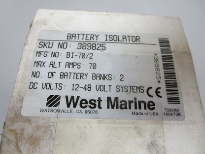 NEW 389825 BI-70/2 West Marine 12V- 48V 70 AMP Battery Isolator 0720