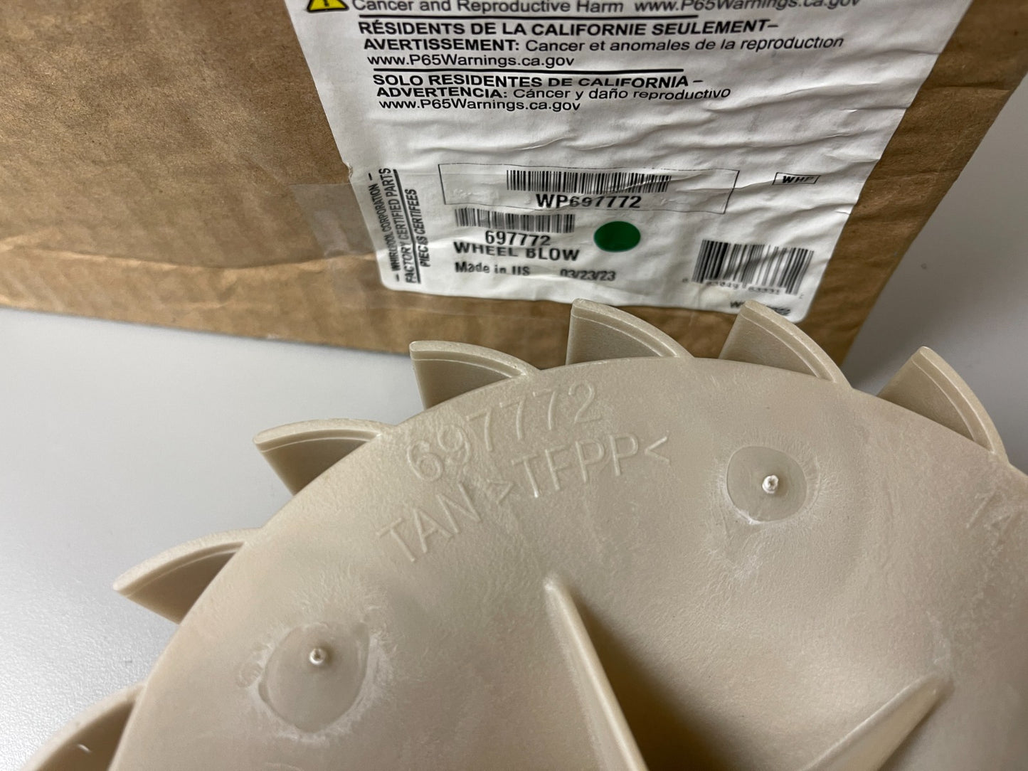 Whirlpool NEW OEM Dryer Blower Wheel WP697772 Maytag Kenmore KitchenAid 0720