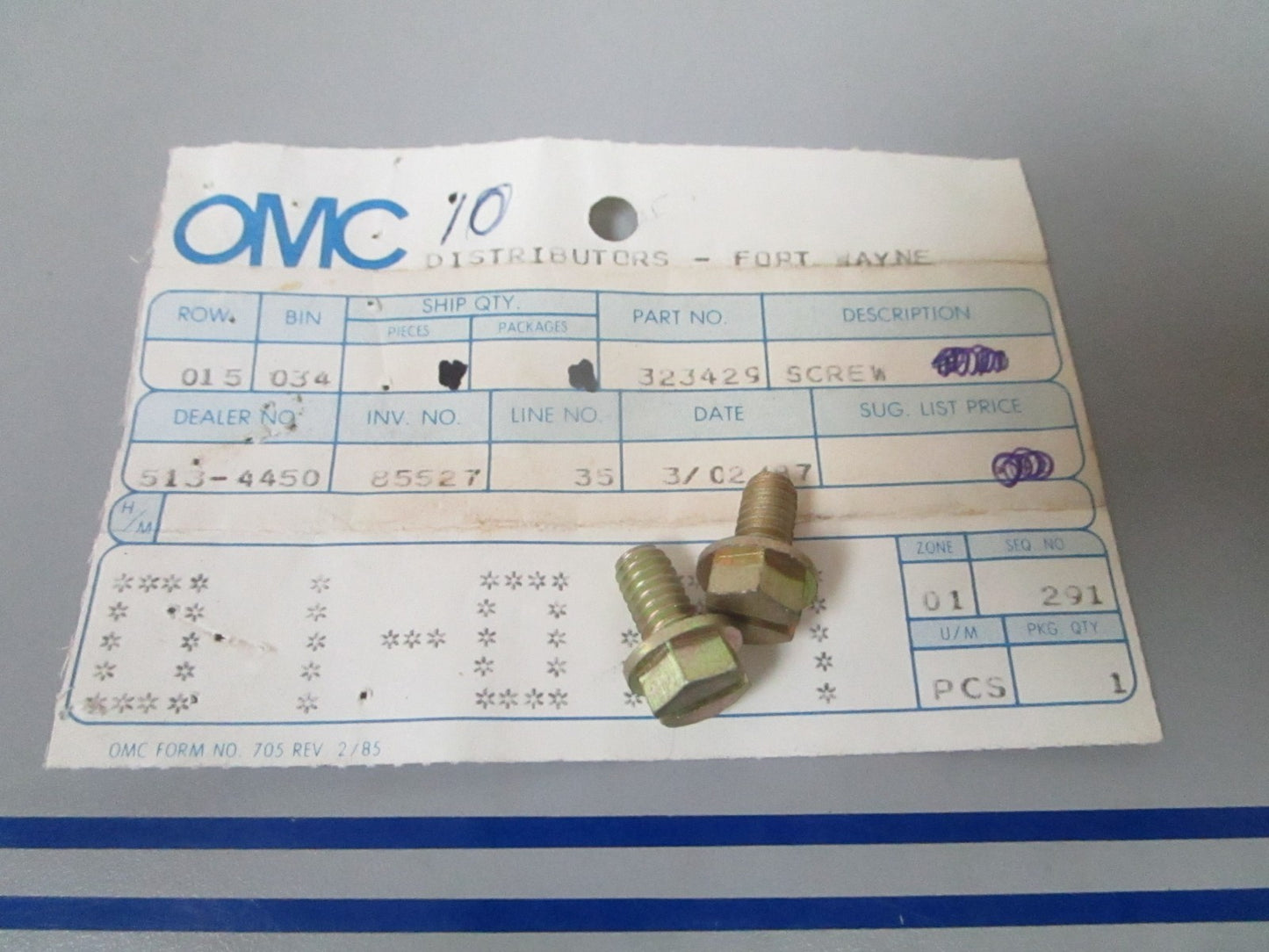 NEW OEM (LOT OF 2) 323429 0323429 OMC Johnson Evinrude Screw 0810