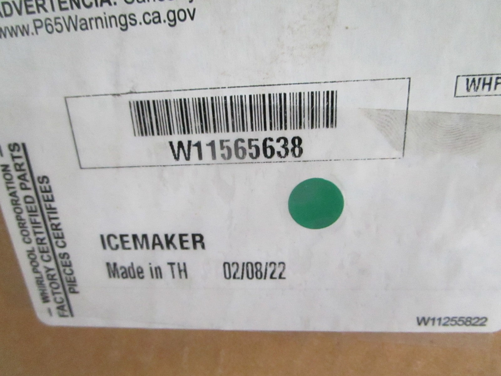 NEW OEM W11565638 Whirlpool Icemaker 0820