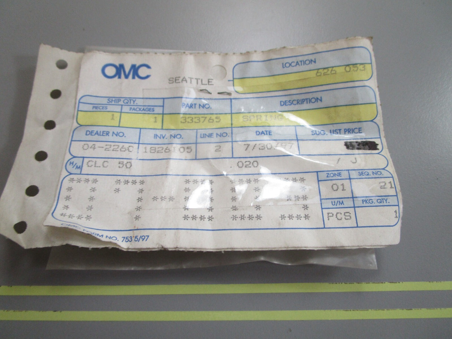 *NEW OEM* 0810 OMC Johnson Evinrude Spring 333765 0333765