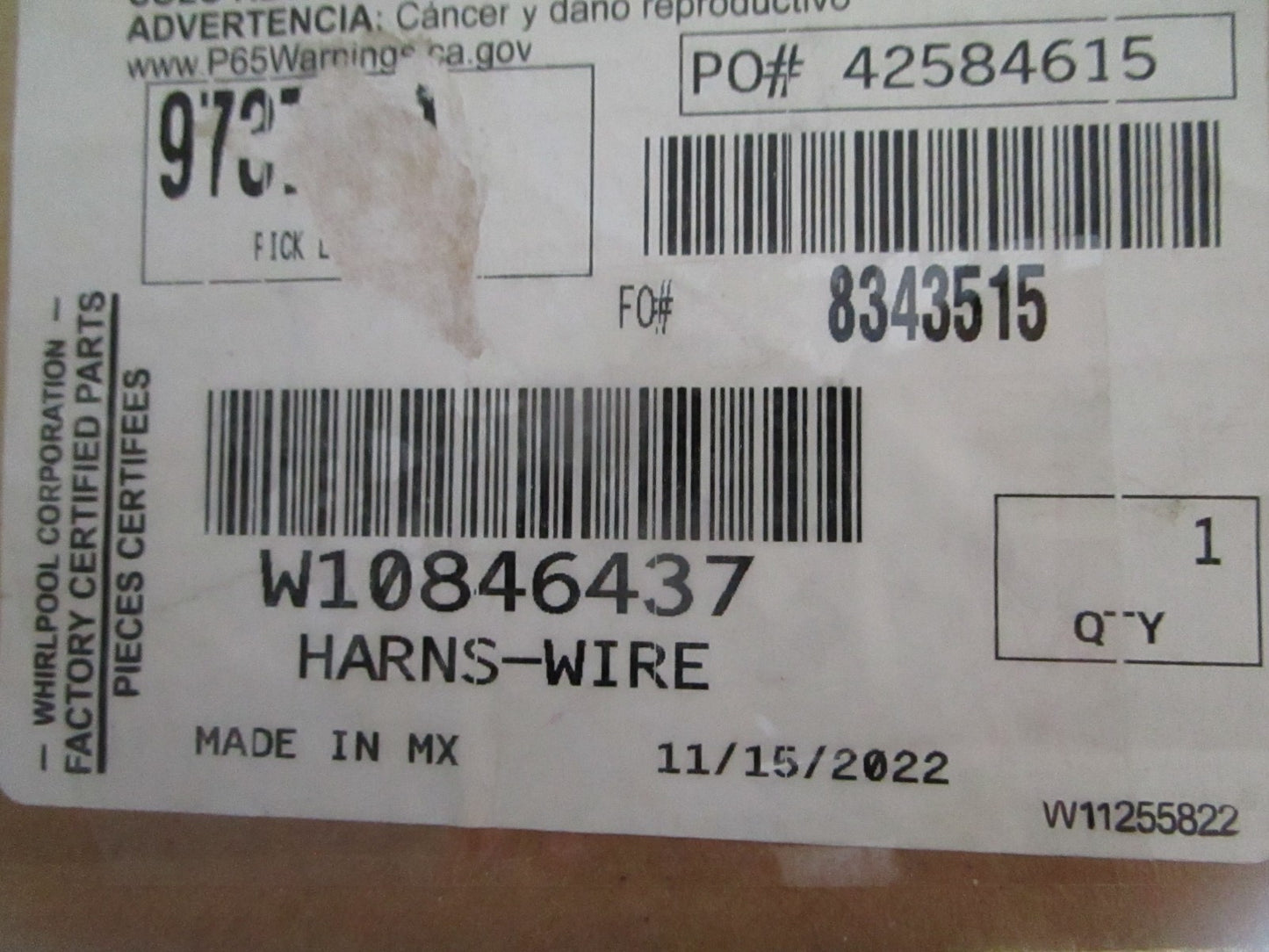 NEW OEM W10846437 Whirlpool Wire Harness 0820