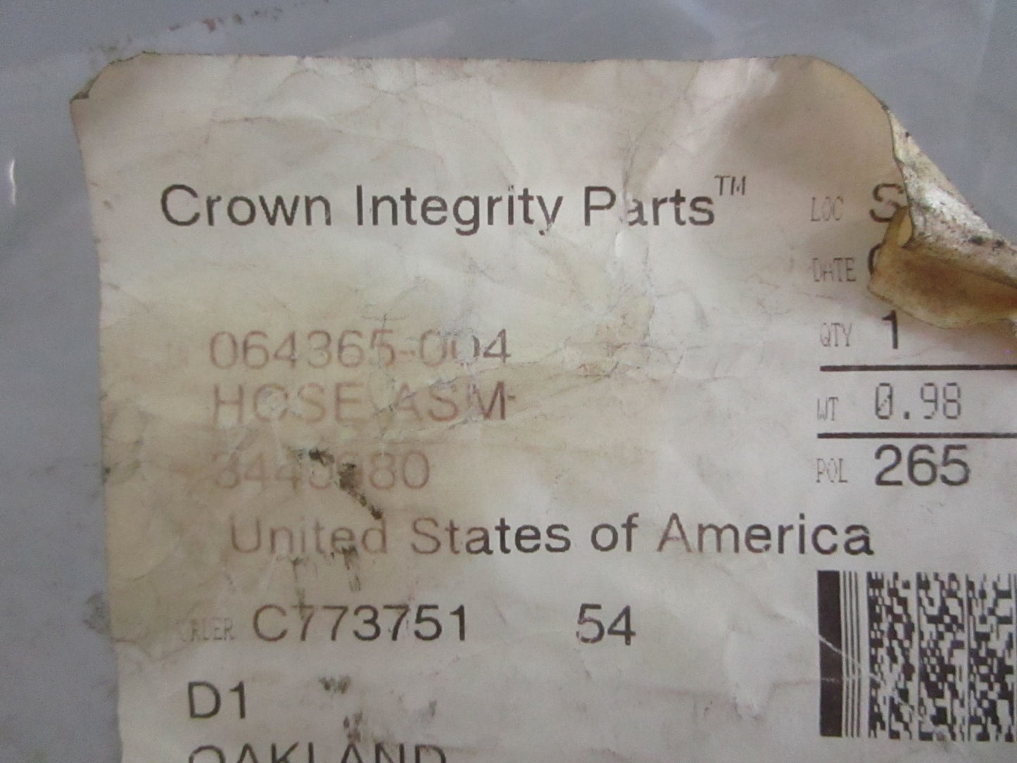 *NEW OEM* 0820 Crown Hose Assy 064365-004
