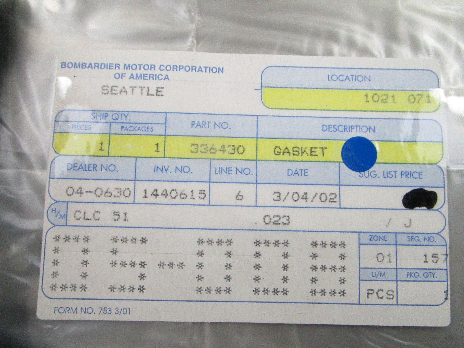 *NEW OEM* 0810 OMC Johnson Evinrude Gasket 336430 0336430