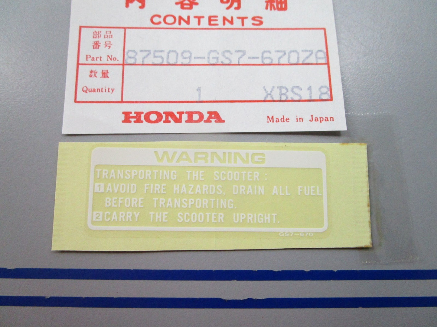 NEW OEM 87509-GS7-670ZA Honda Label 0810