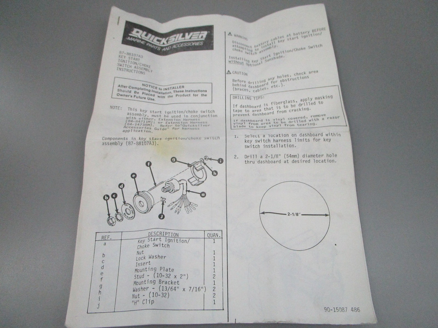 Mercury Quicksilver NEW OEM Ignition Key Switch Kit Push Choke 87-88107A3 0810