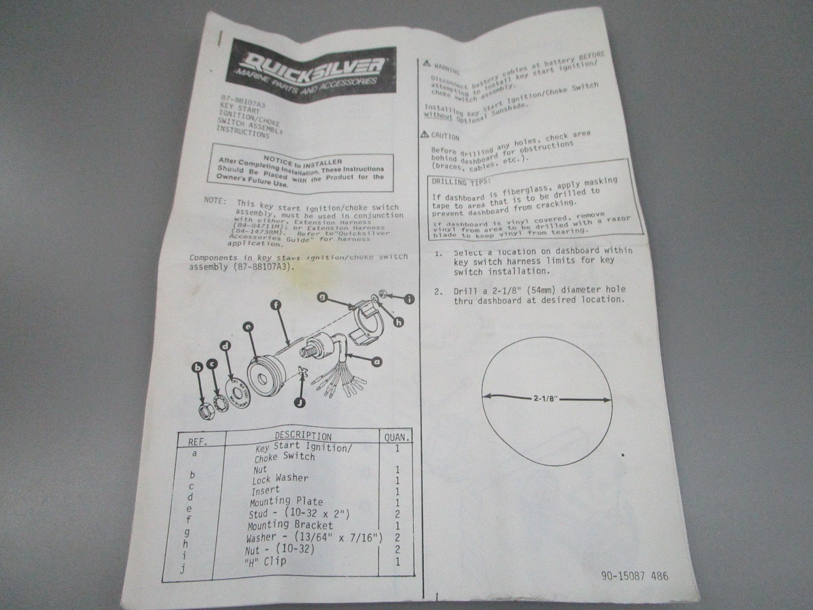 Mercury Quicksilver NEW OEM Ignition Key Switch Kit Push Choke 87-88107A3 0810