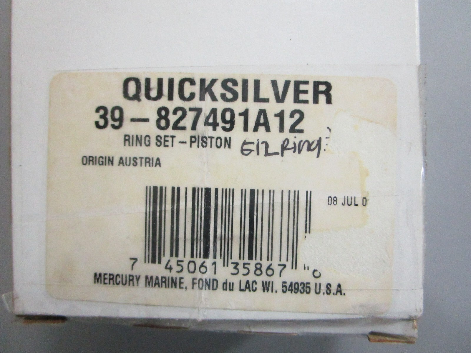 *NEW OEM* 0820 Mercury Quicksilver 12 Piston Ring Set 39-827491A12