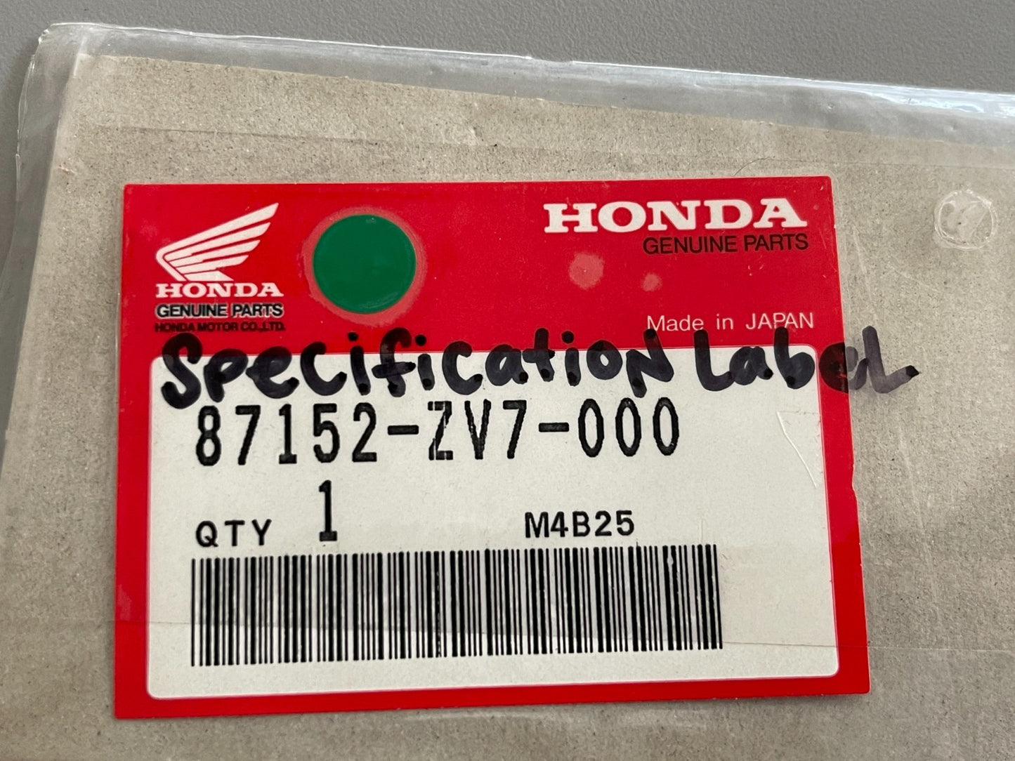 NEW OEM 87152-ZV7-000 Honda Specification Label 0810