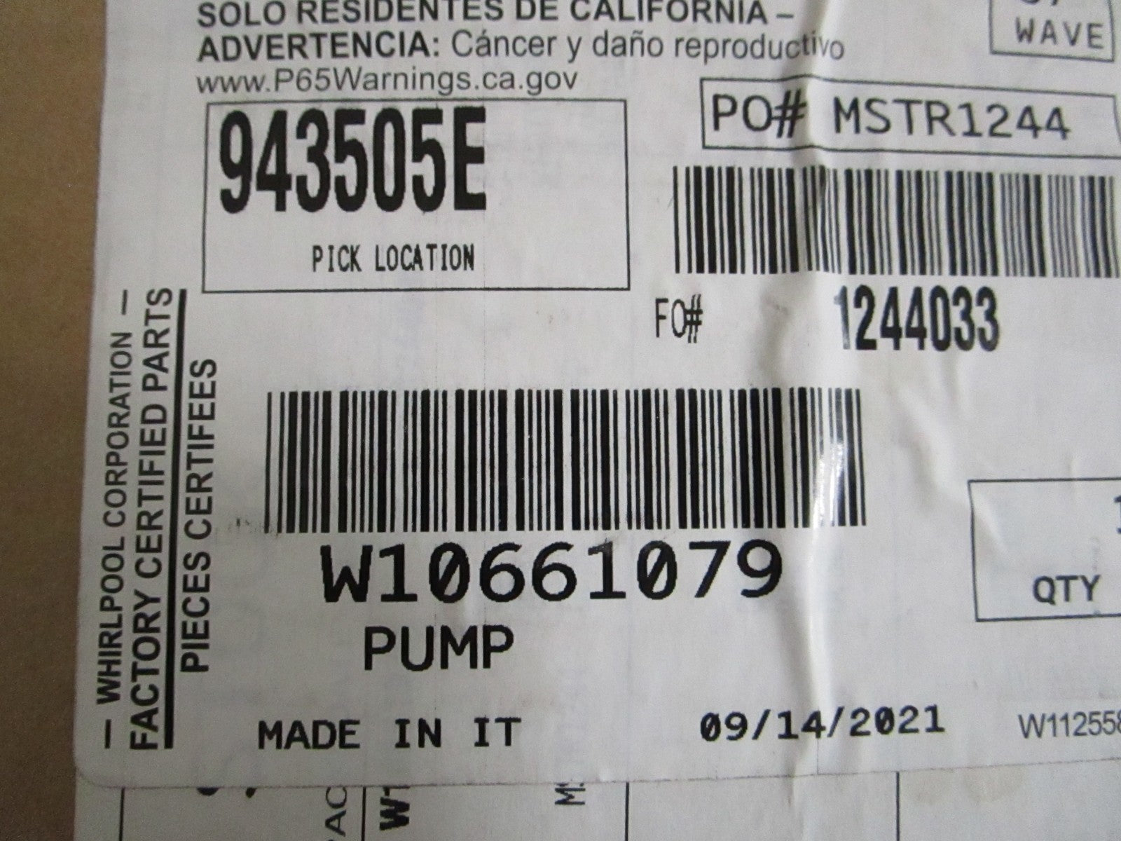 Whirlpool NEW OEM Pump W10661079 NOS Genuine Factory Appliance Part 0820