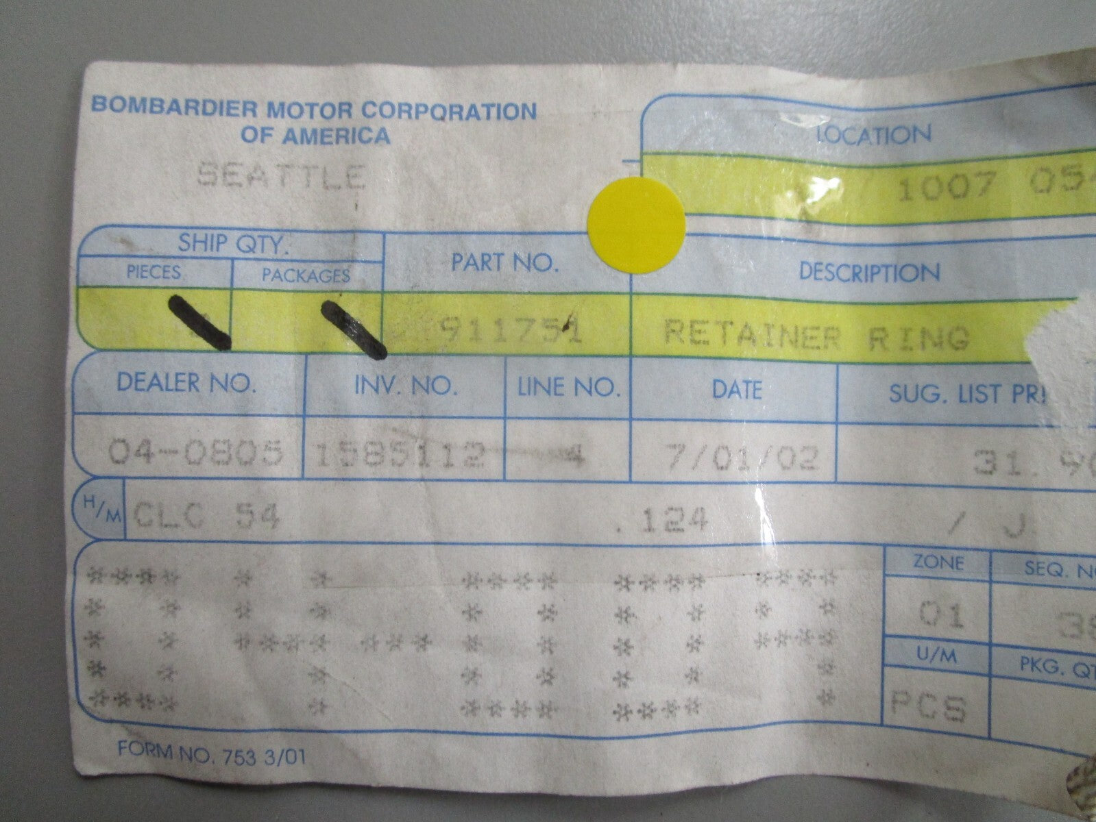 *NEW OEM* 0810 OMC Johnson Evinrude Retaining Ring 911751 0911751