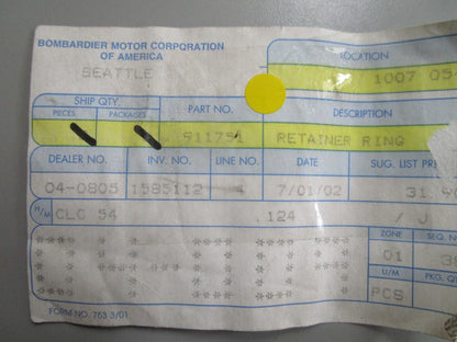 *NEW OEM* 0810 OMC Johnson Evinrude Retaining Ring 911751 0911751